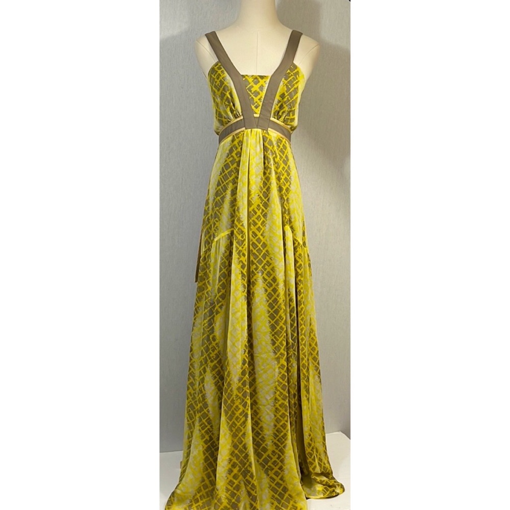 Calvin Klein yellow brown chiffon smocked maxi dress